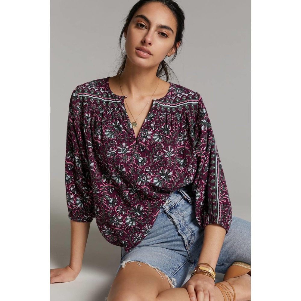 Anthropologie‎ Omika Purple Paisley Floral Peasant Top Blouse // Size L